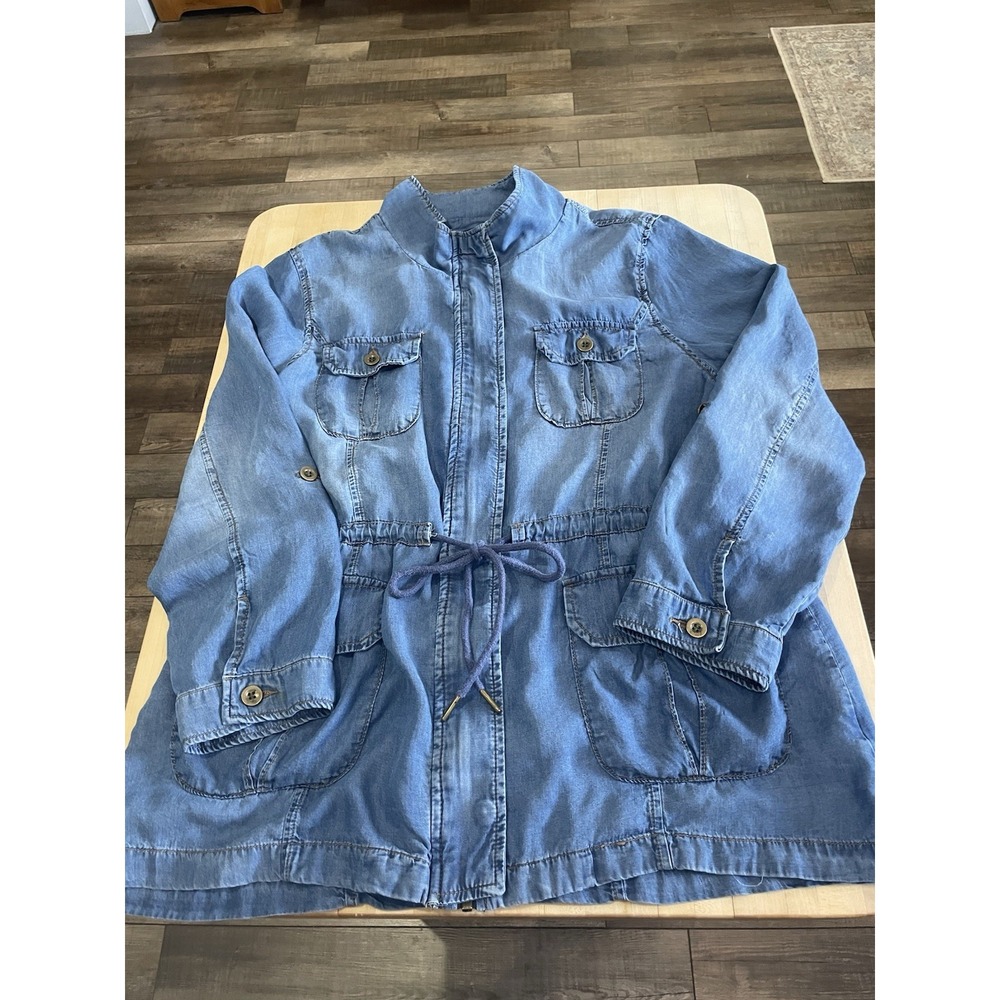 Zip Blue Jean Safari Drawstring Waist Roll Tab Sleeve Lightweight  Tencil Top 2X